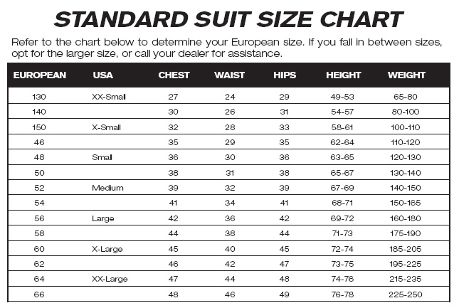 Kart Suit Size Chart